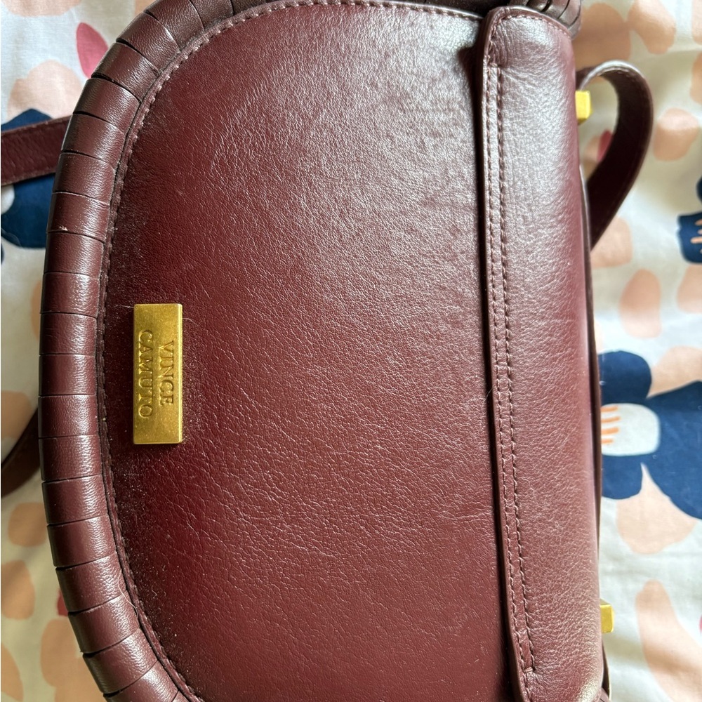 Vince Camuto Wine Leather Crossbody with Gold Plaque